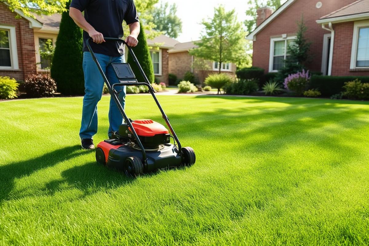 Professional landscaper mowing a perfectly striped green lawn at a Chicago home